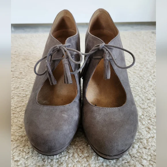 Taupe Suede Lace-Up Womens Heeled Pumps - Picture 3 of 9